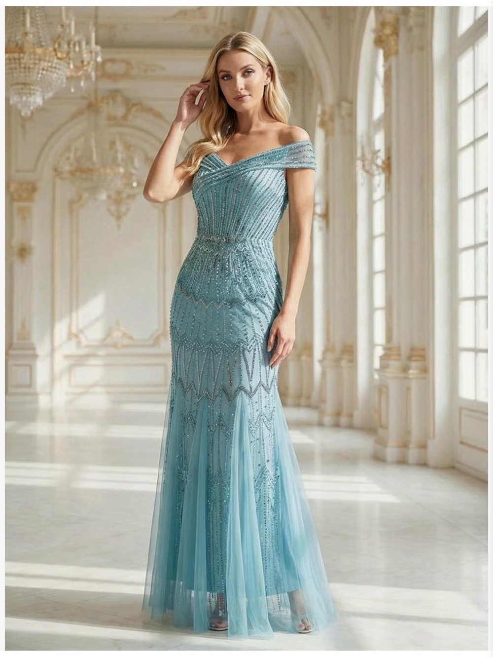 Ever Pretty Aqua Blue Off-Shoulder Beaded Tulle Maxi Gown